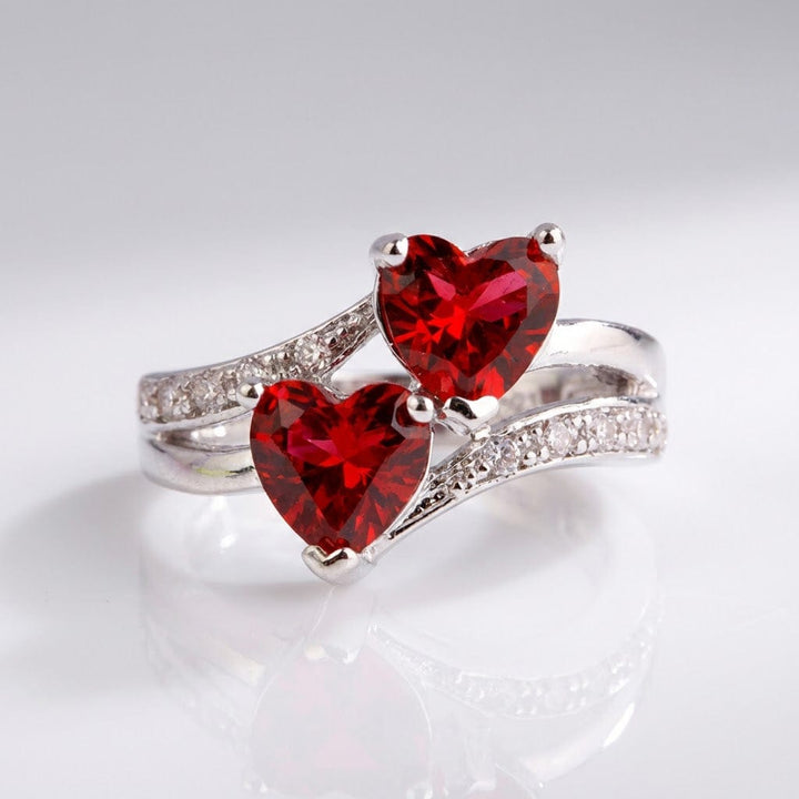 Double Red Heart Silver Ring