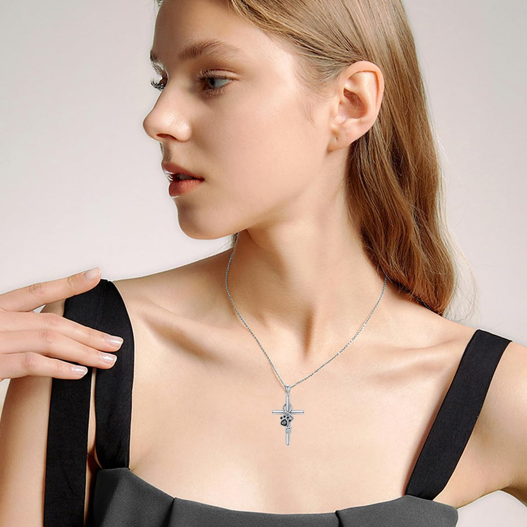 925 Sterling Silver Paw &amp; Cross Necklace