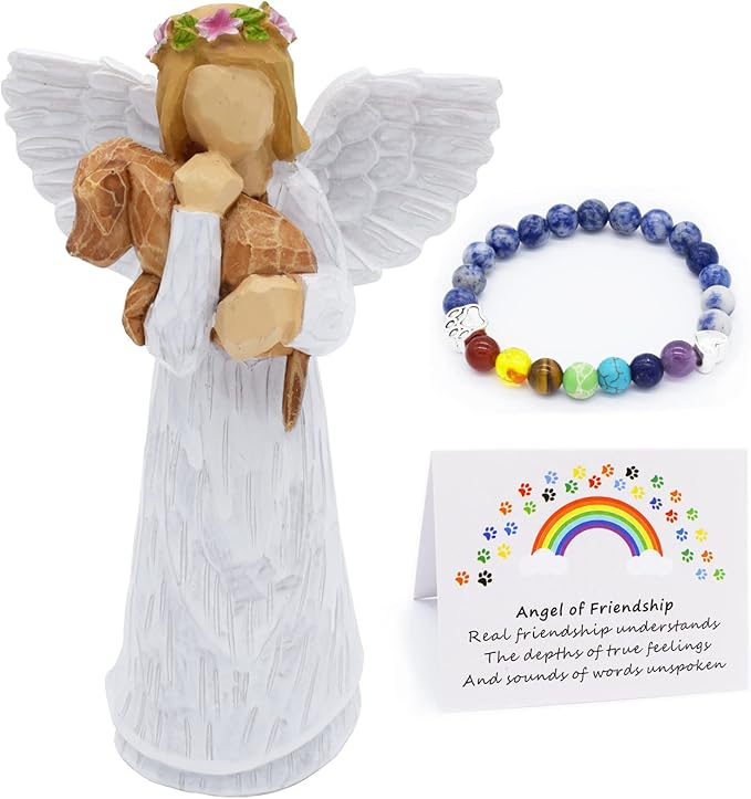 Dog Memorial Gift Set with Angel of Friendship Figurine &amp; Rainbow Bridge Chakra Bracelet