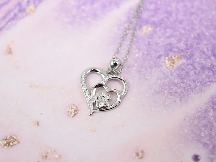 Sterling Silver Paw &amp; Heart Necklace with Zirconia