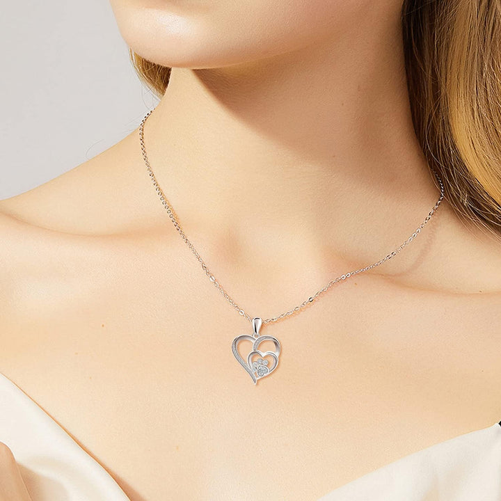 Sterling Silver Paw &amp; Heart Necklace with Zirconia