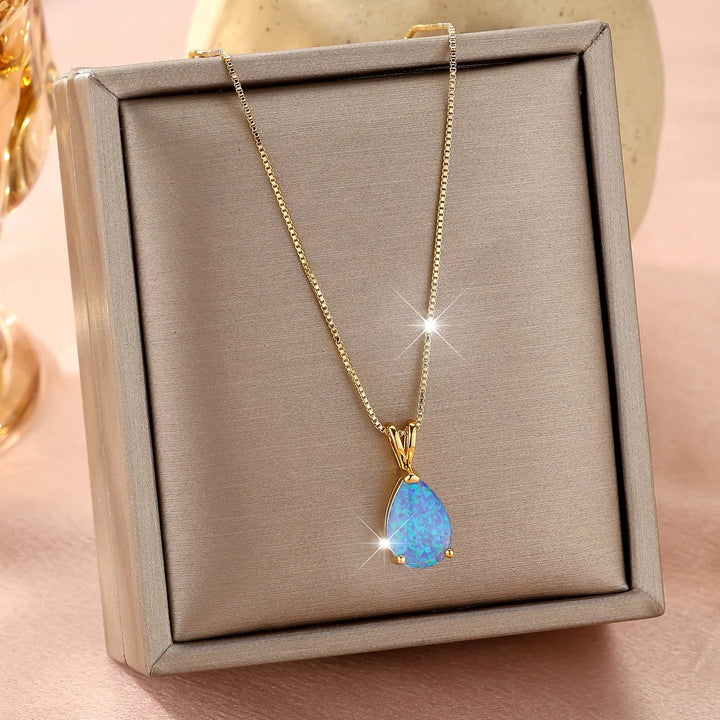 Opal Teardrop Gold Pendant Necklace