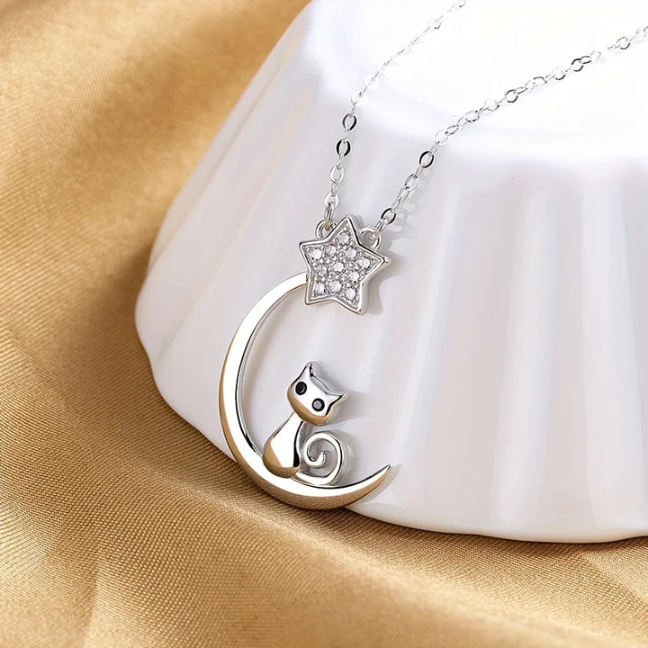 Sterling Silver Cat Moon Star Necklace