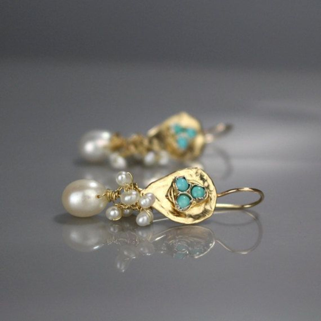 Vintage Golden Blue Stones &amp; Pearl Earrings
