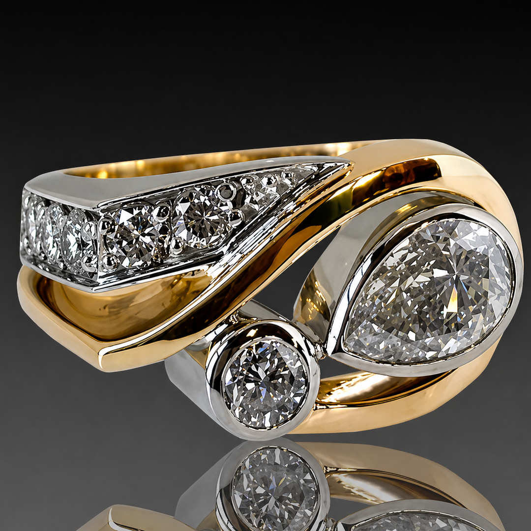 Vintage Irregular Gold Silver Zirconia Ring