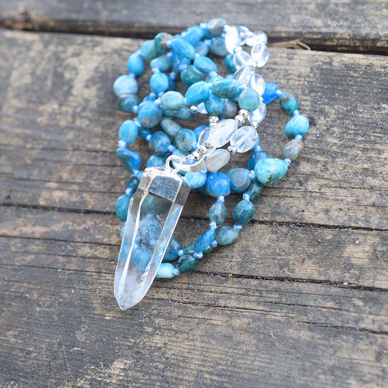 Blue Apatite &amp; Clear Quartz Crystal Necklace