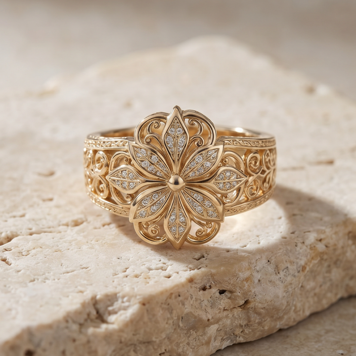 Exotic Floral Zirconia Gold Ring