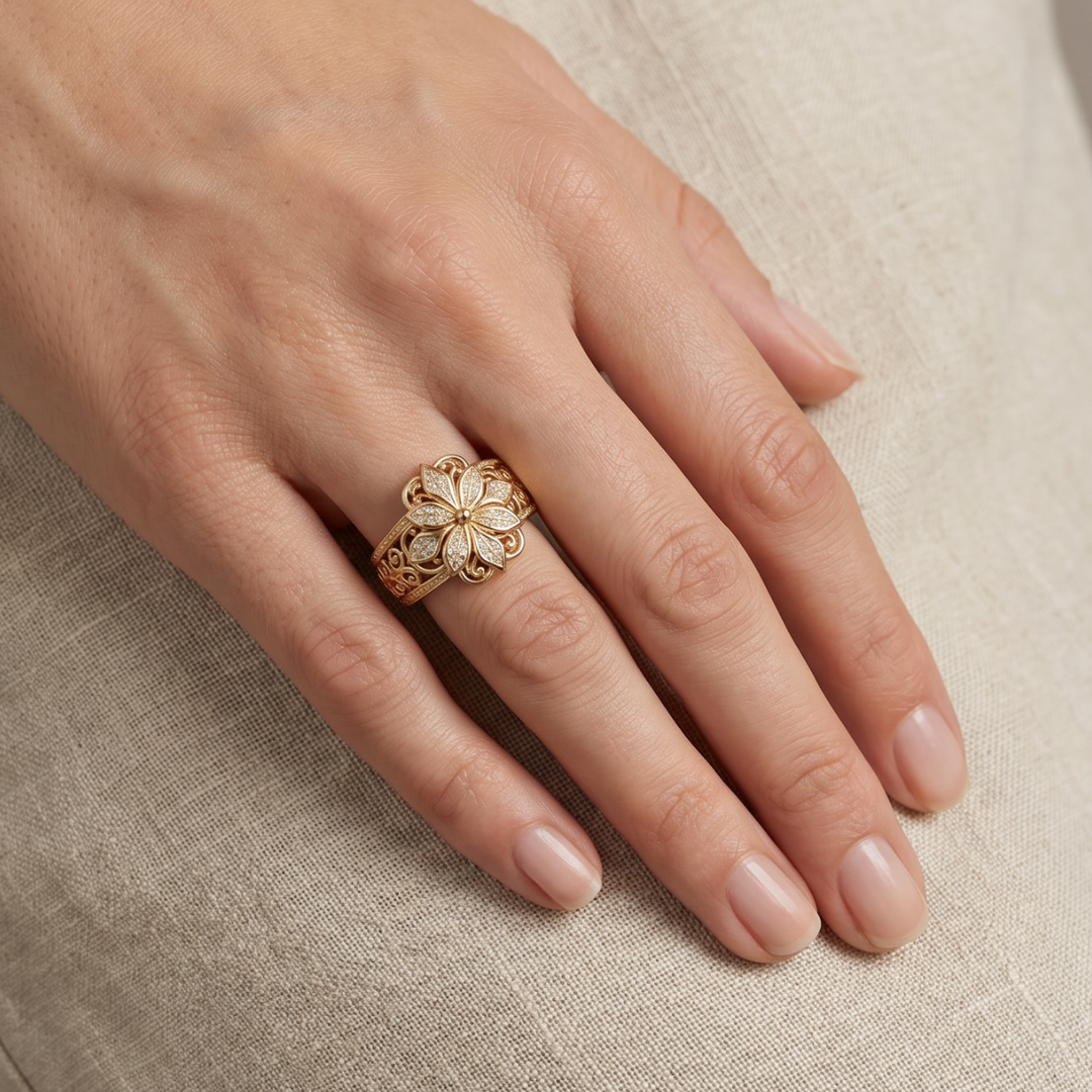 Exotic Floral Zirconia Gold Ring