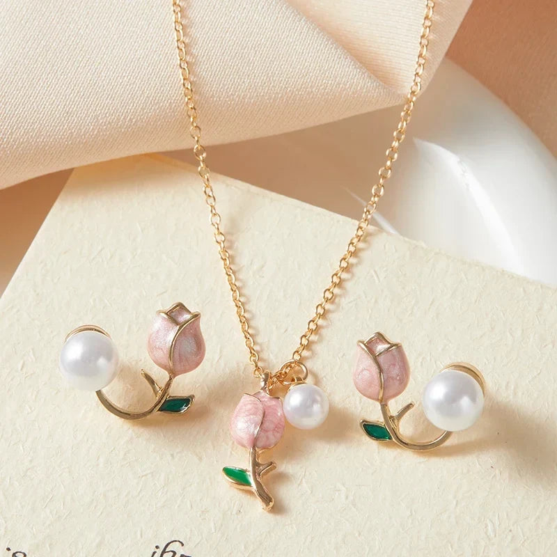 Pink Tulip Garden Necklace &amp; Earrings Set