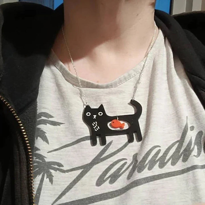 Whimsical Cat &amp; Fish Acrylic Pendant Necklace
