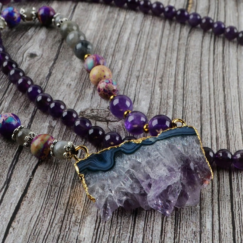 Amethyst Jasper &amp; Labradorite Beaded Druzy Necklace