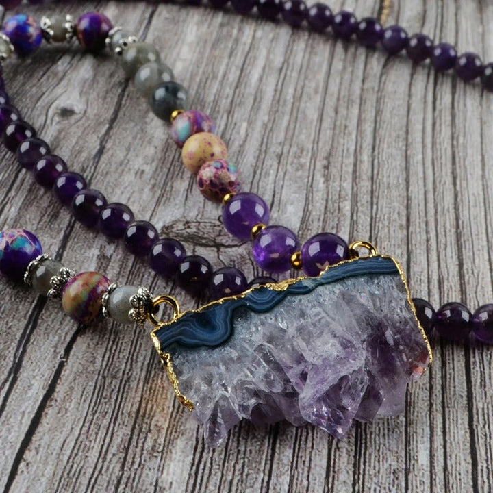 Amethyst Jasper &amp; Labradorite Beaded Druzy Necklace