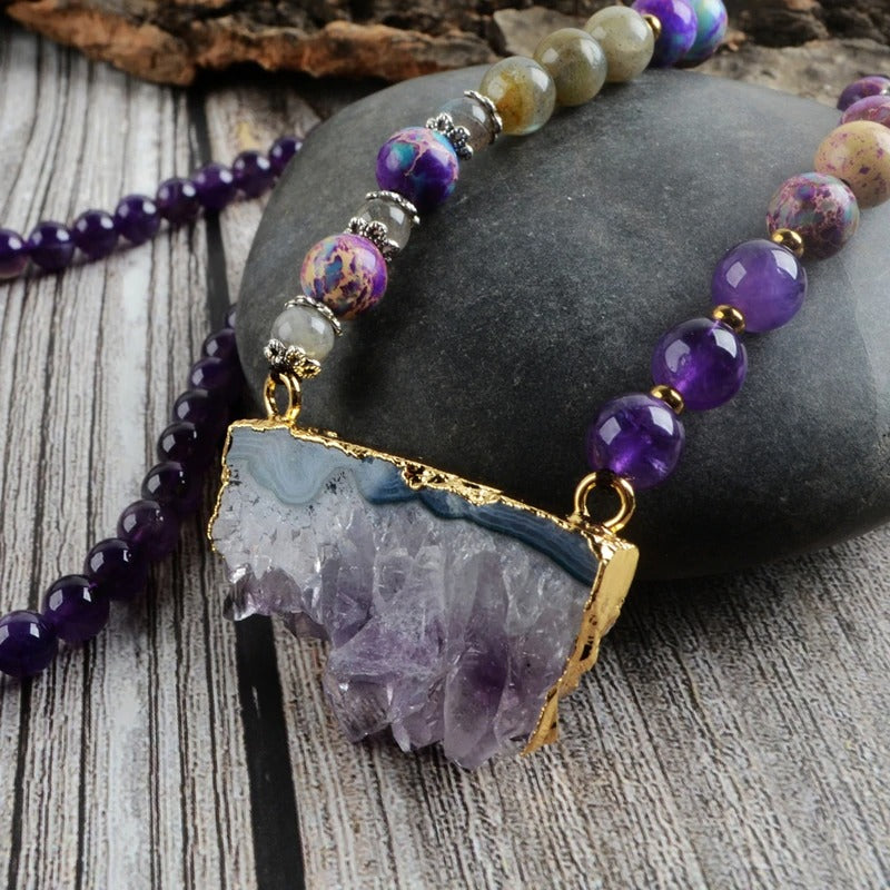 Amethyst Jasper &amp; Labradorite Beaded Druzy Necklace