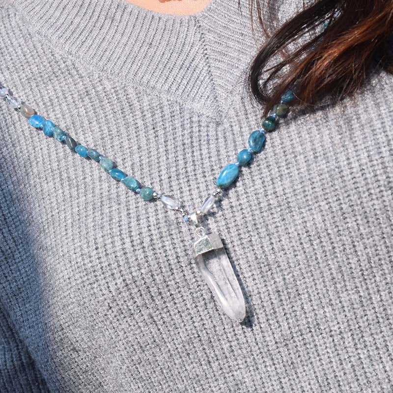Blue Apatite &amp; Clear Quartz Crystal Necklace