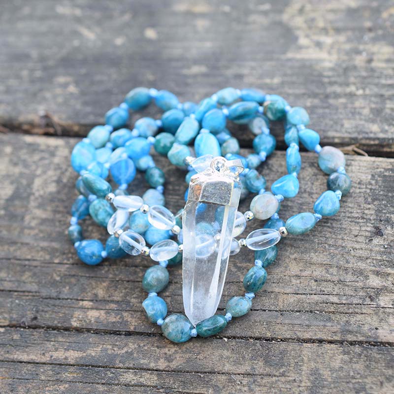 Blue Apatite &amp; Clear Quartz Crystal Necklace