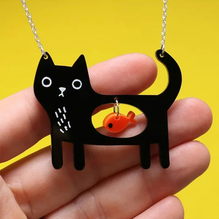 Whimsical Cat &amp; Fish Acrylic Pendant Necklace