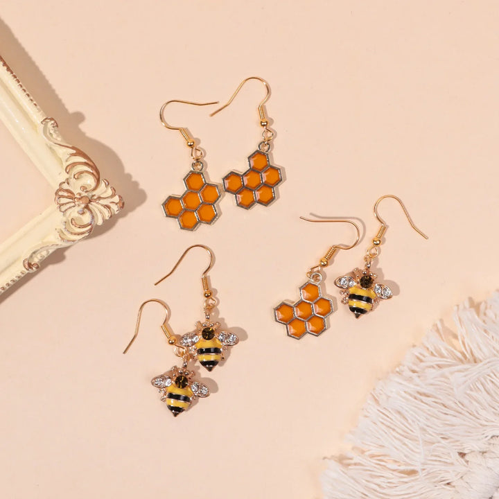 Golden Bee &amp; Honeycomb Crystal Earrings