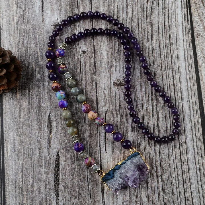 Amethyst Jasper &amp; Labradorite Beaded Druzy Necklace