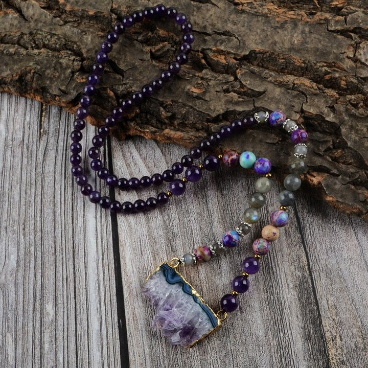 Amethyst Jasper &amp; Labradorite Beaded Druzy Necklace