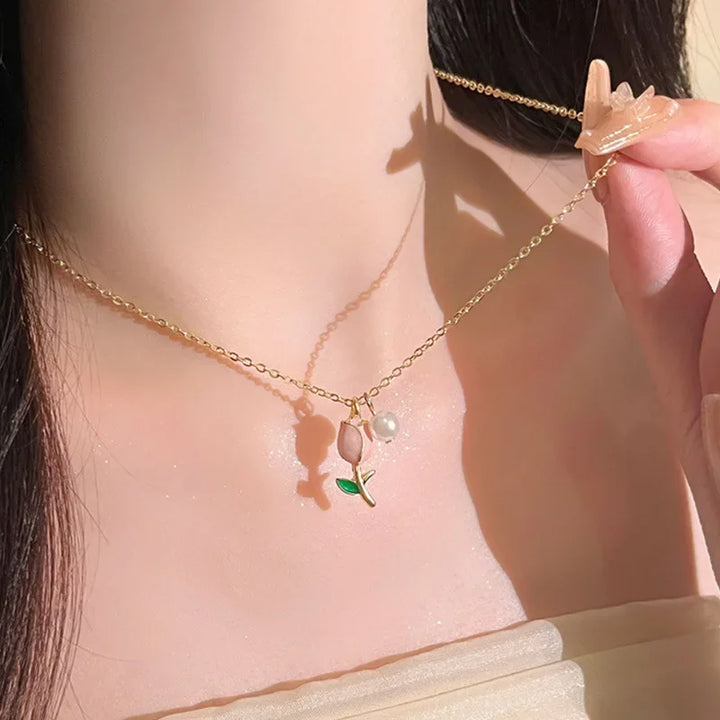 Pink Tulip Garden Necklace &amp; Earrings Set