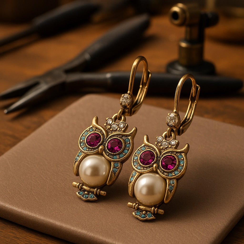 Vintage Owl Crystal Earrings – Gold-Plated, Hand-Set Crystals &amp; Pearl Detail