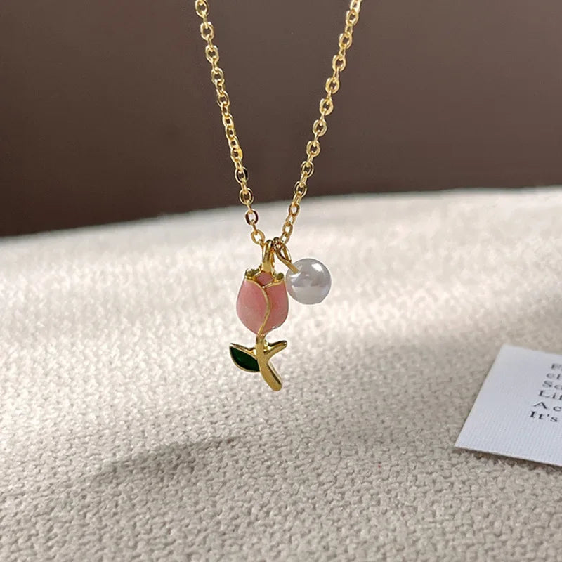 Pink Tulip Garden Necklace &amp; Earrings Set