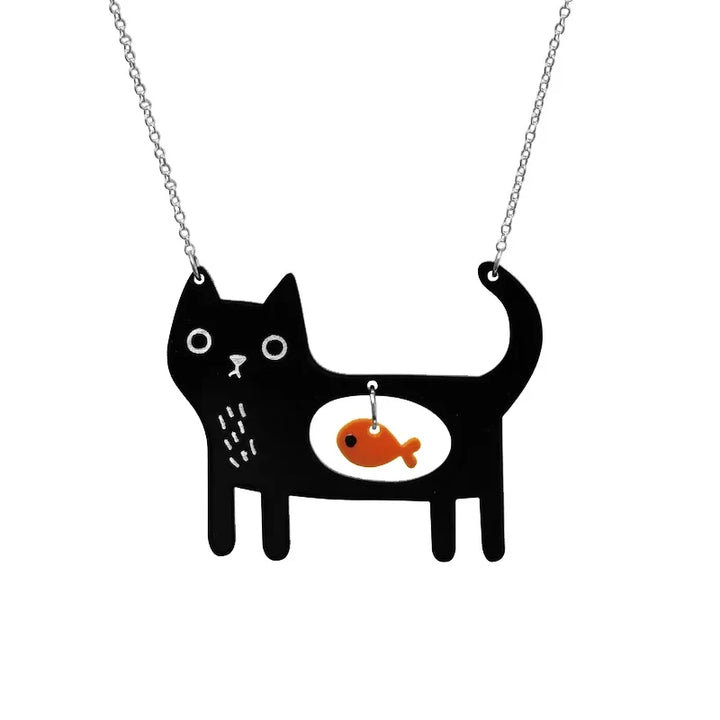 Whimsical Cat &amp; Fish Acrylic Pendant Necklace