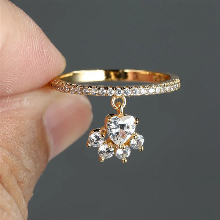 Vintage Cat Paw &amp; Heart Stone Ring – Gold &amp; Silver Tone