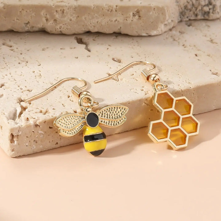 Honeycomb &amp; Bee Drop Earrings – Gold Tone Jewelry for Women