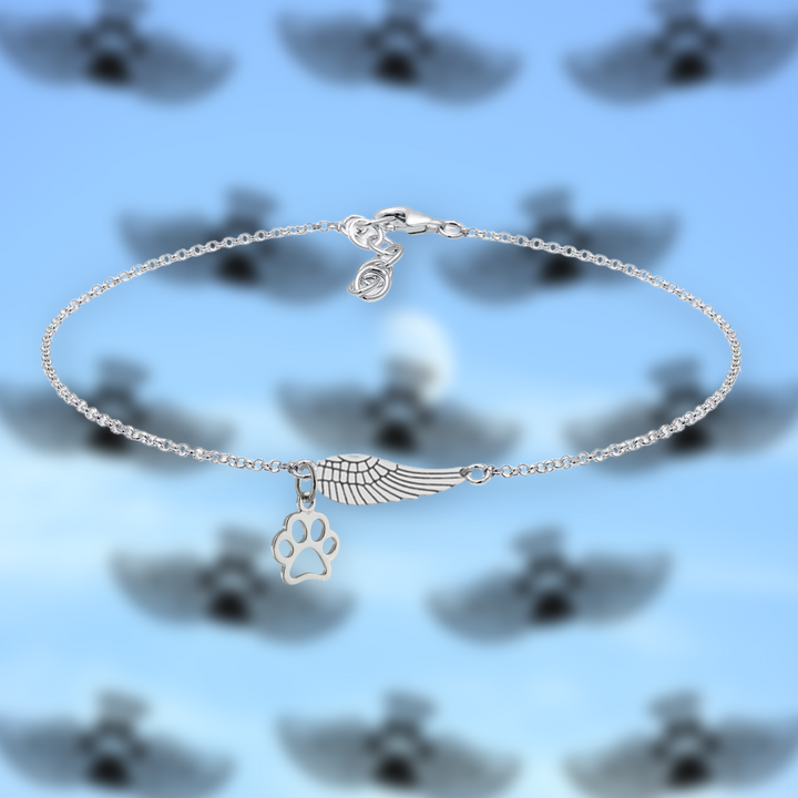 Silver Memorial Bracelet with Angel Wing &amp; Paw Print | Handmade