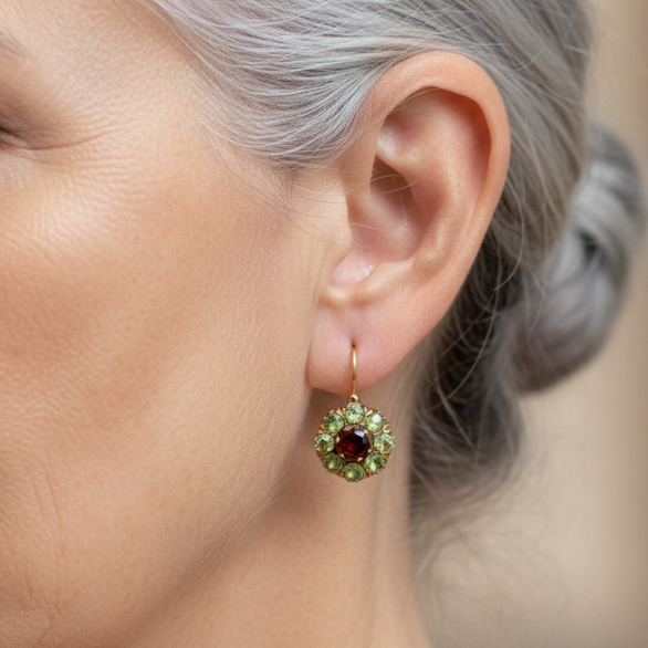 Vintage Rounded Green &amp; Red Crystal Earrings