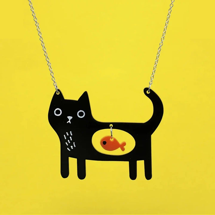 Whimsical Cat &amp; Fish Acrylic Pendant Necklace