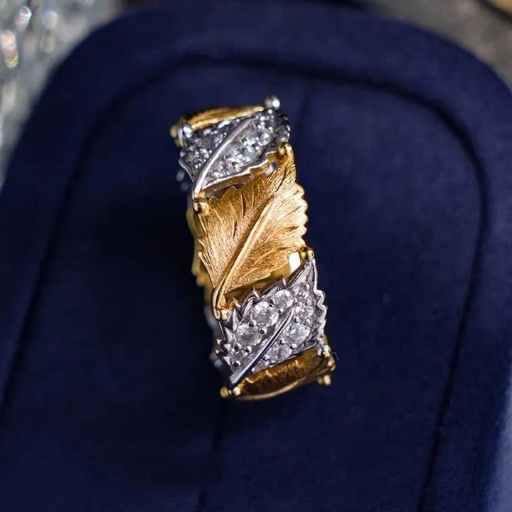 Gold Silver Leaf Pave Ring - (Adjustable)