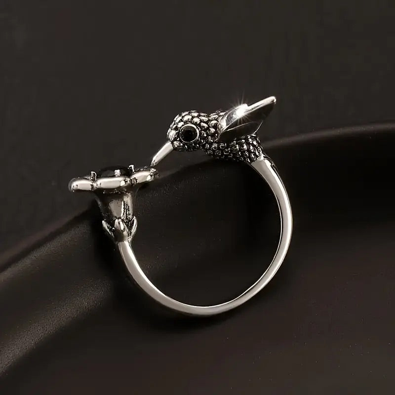 Hummingbird &amp; Flower Ring – Adjustable Open Bird Ring for Women