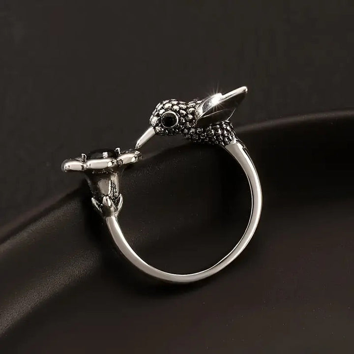 Hummingbird &amp; Flower Ring – Adjustable Open Bird Ring for Women
