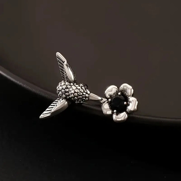 Hummingbird &amp; Flower Ring – Adjustable Open Bird Ring for Women