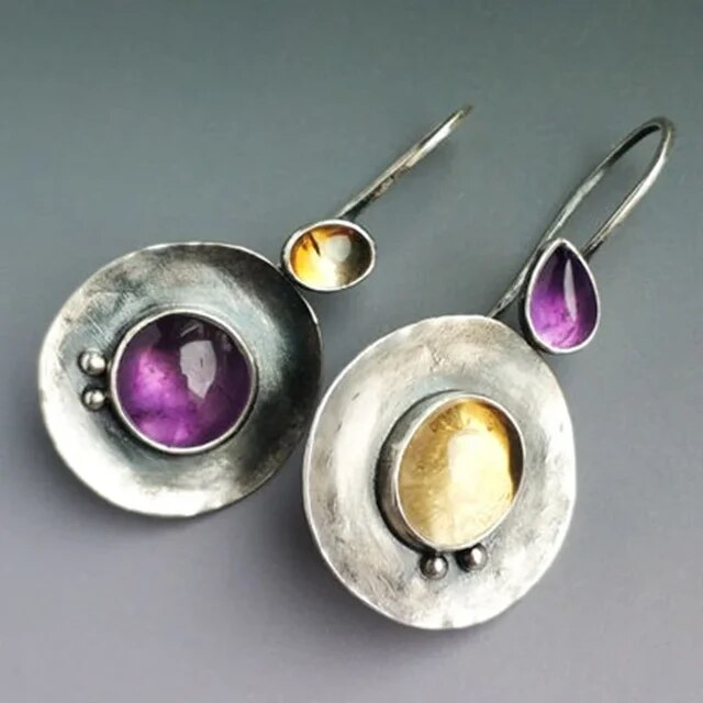 Vintage Purple &amp; Yellow Crystal Earrings