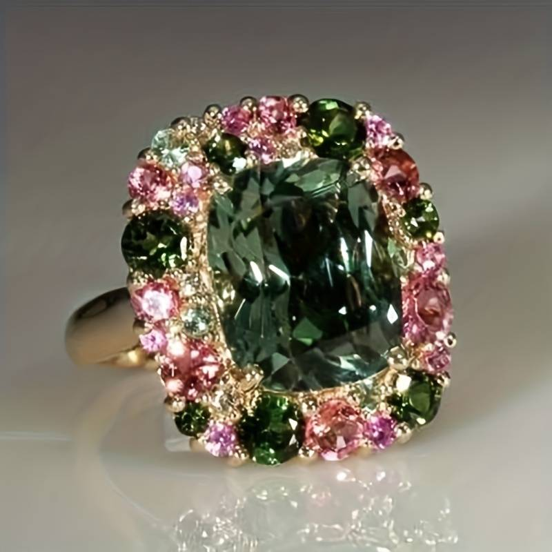 Vintage Green &amp; Pink Crystal Ring