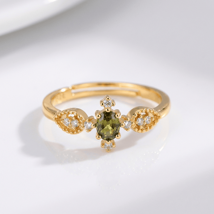 Olive Green Crystal Dainty Gold Ring - (Adjustable)
