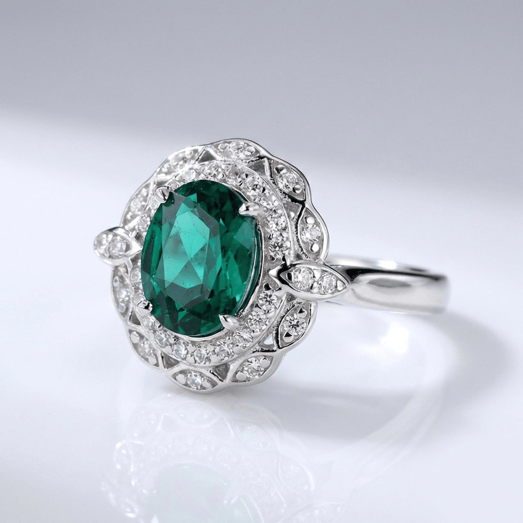 Vintage Emerald Silver Floral Ring - (Adjustable)