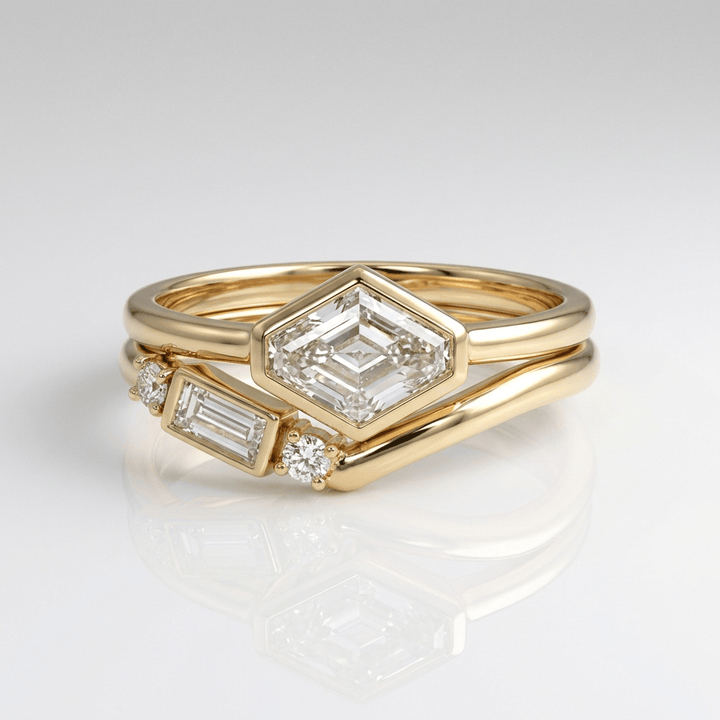 Geometric Diamond Gold Ring Set