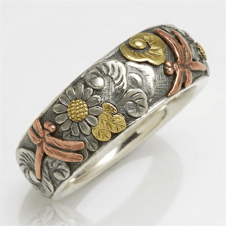 Handmade Dragonfly &amp; Sunflower Vintage Silver Ring