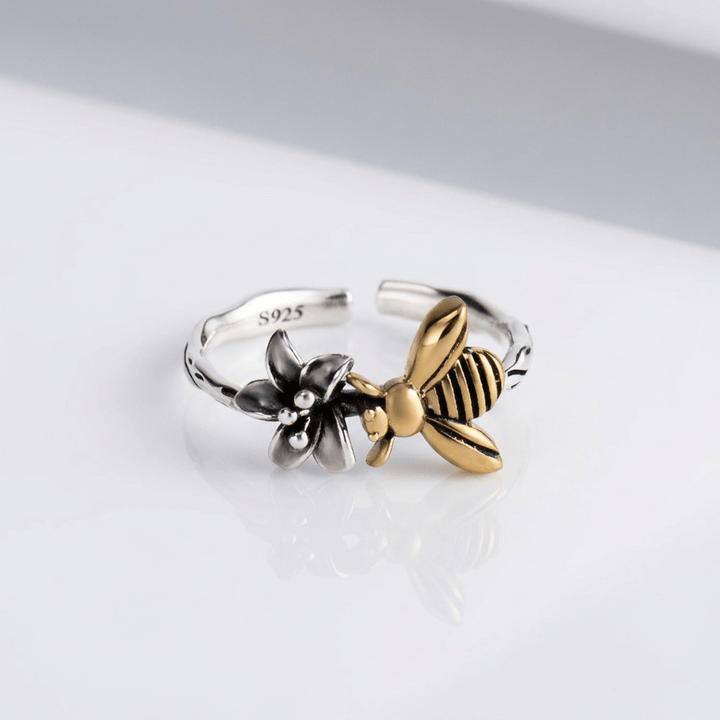 Honey Bee &amp; Flower Silver Ring - (Adjustable)