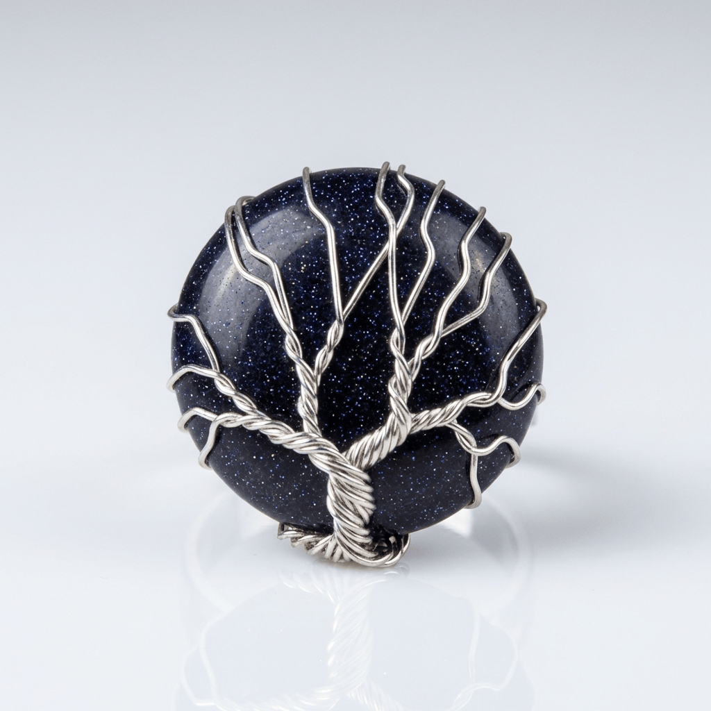 Tree Of Life Blue Sandstone Silver Ring - (Adjustable)