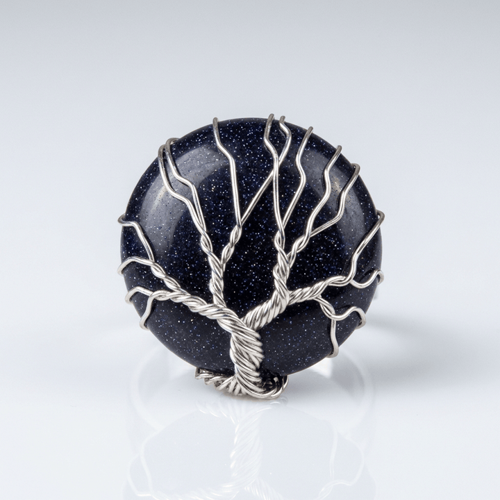 Tree Of Life Blue Sandstone Silver Ring - (Adjustable)