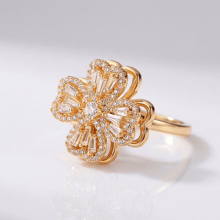 Baguette Zirconia Rotating Flower Ring - (Adjustable)