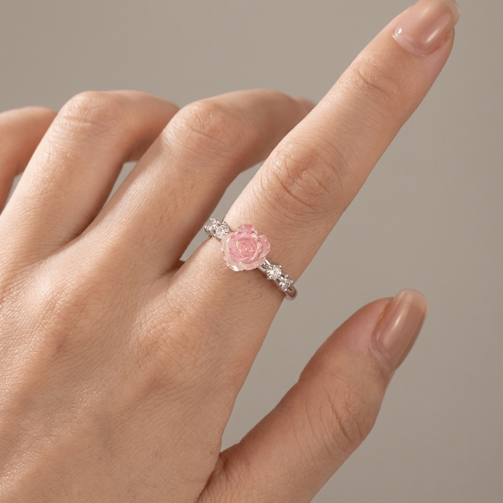 Silver Rose Diamond Ring - (Adjustable)