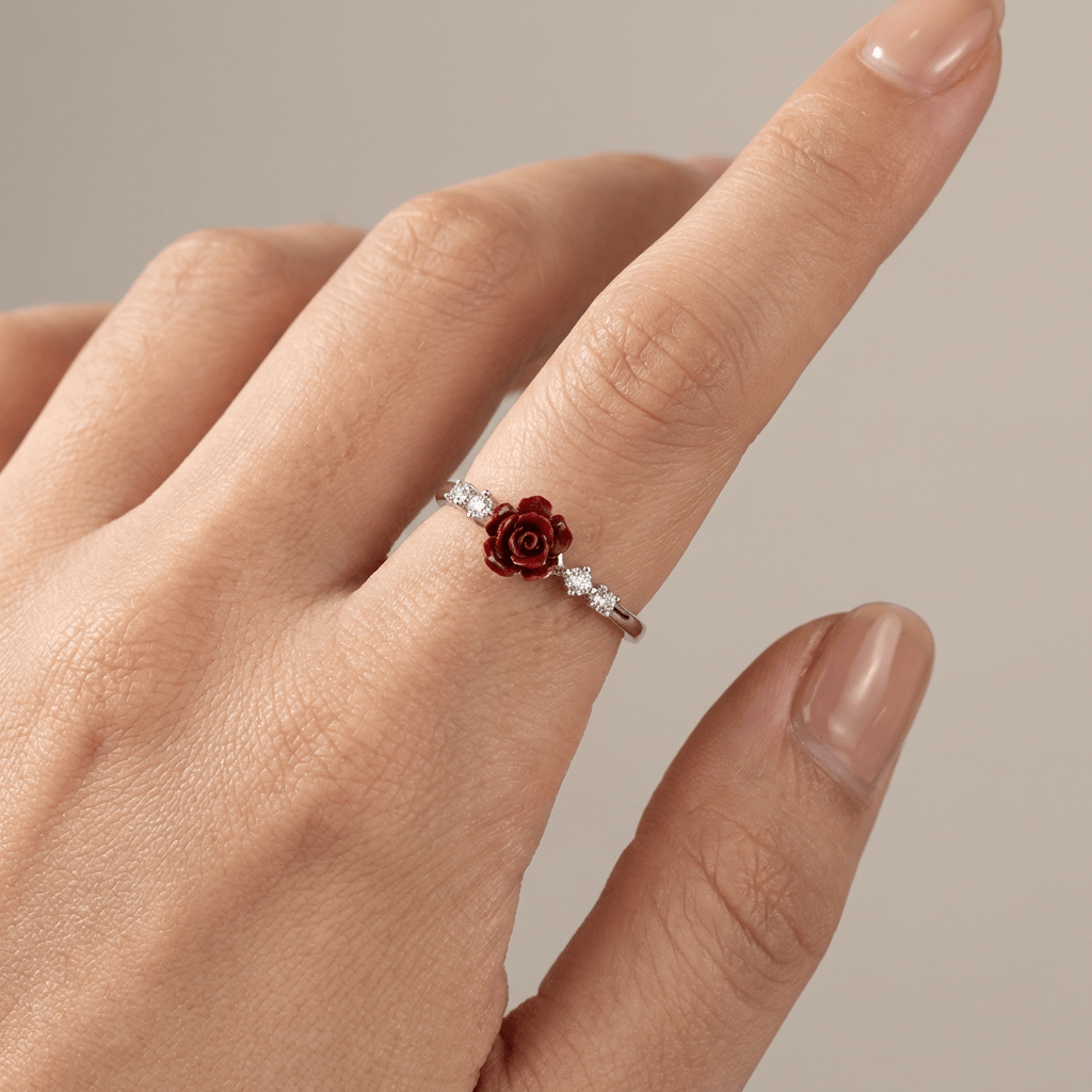 Silver Rose Diamond Ring - (Adjustable)