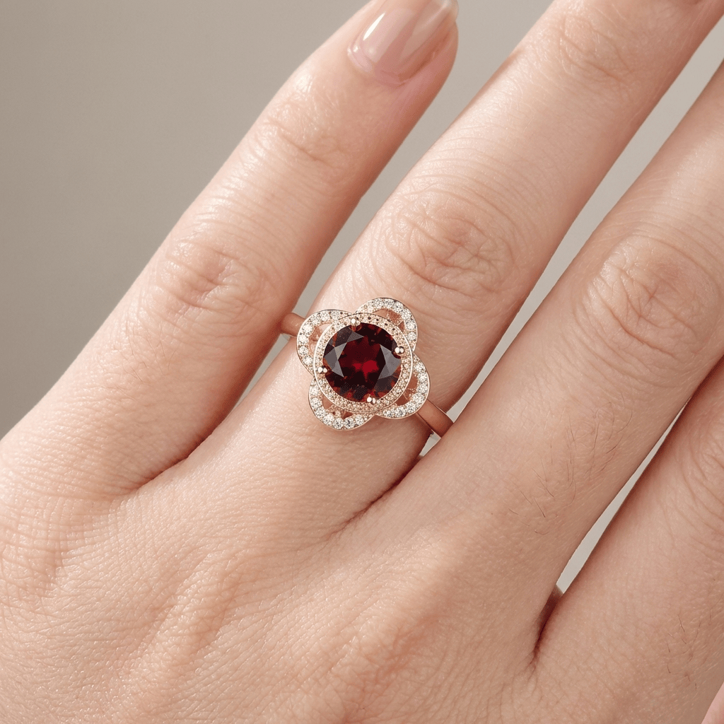 Gold Ruby Diamond Halo Ring
