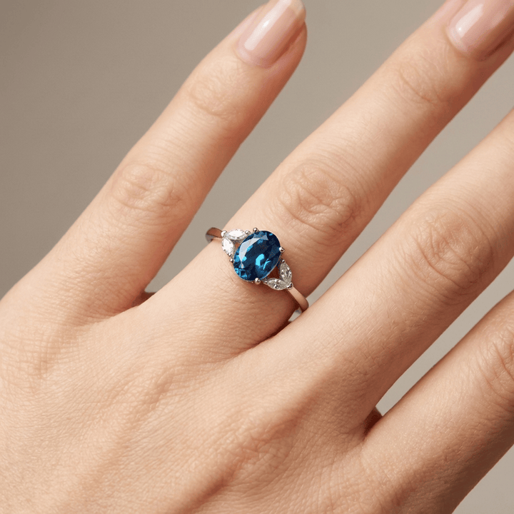Silver Blue Topaz Oval Ring - (Adjustable)